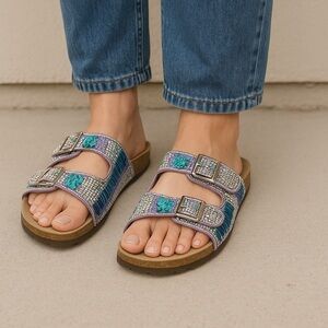 NWOT-Stylish Blue and Purple Buckle Sandals bedazzled shoes